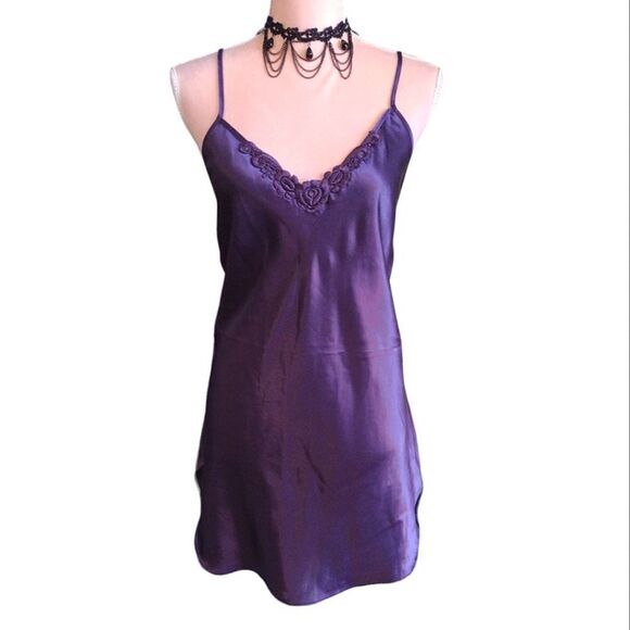 Vintage 80s Purple Satin Floral Applique Chemise Mini Slip Dress Medium - Picture 13 of 16